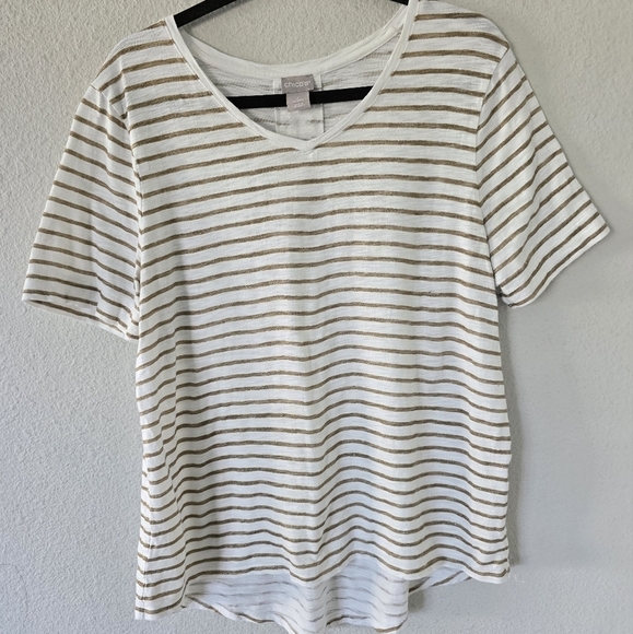 Chico’s Tee Shirt Cotton Blend  Striped Short Sleeve Sz L White Gold Athleisure - Picture 4 of 9